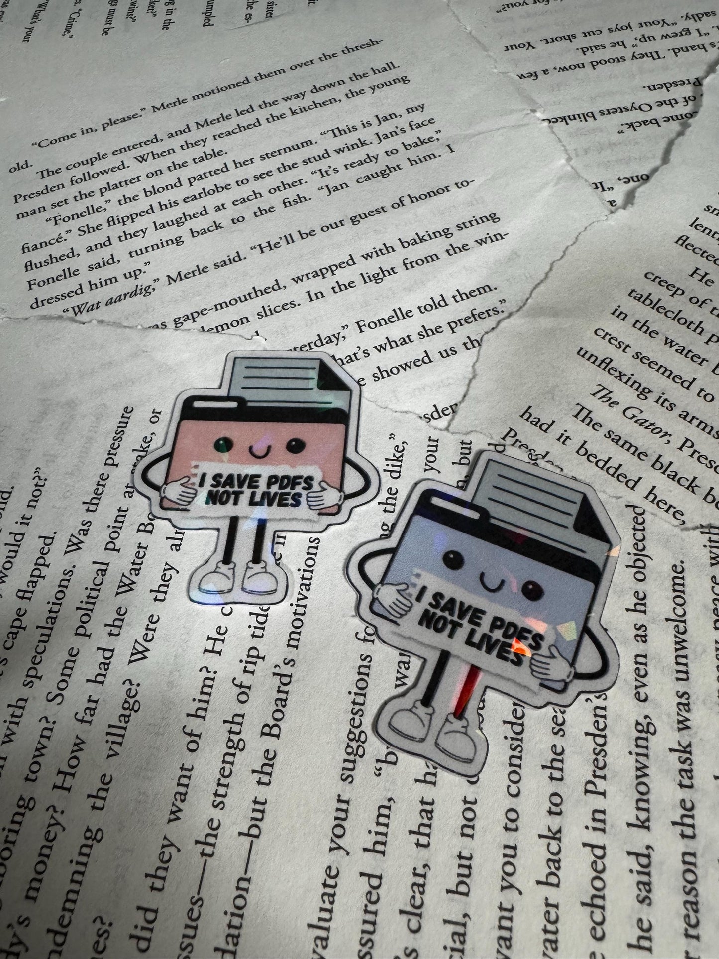 Funny PDF Sticker Duo: "I Save PDFs Not Lives" Laptop Decal (PDF Pattern)