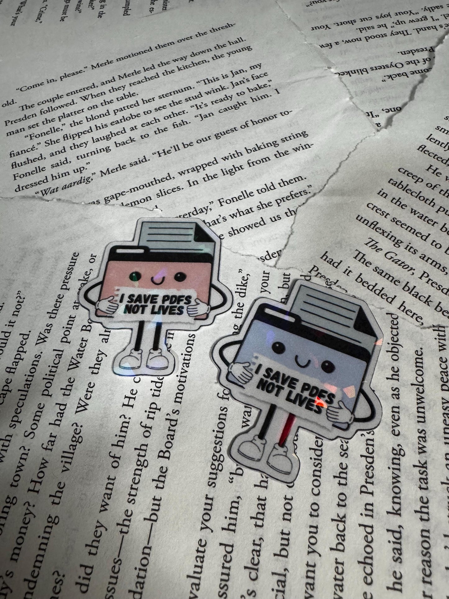 Funny PDF Sticker Duo: "I Save PDFs Not Lives" Laptop Decal (PDF Pattern)