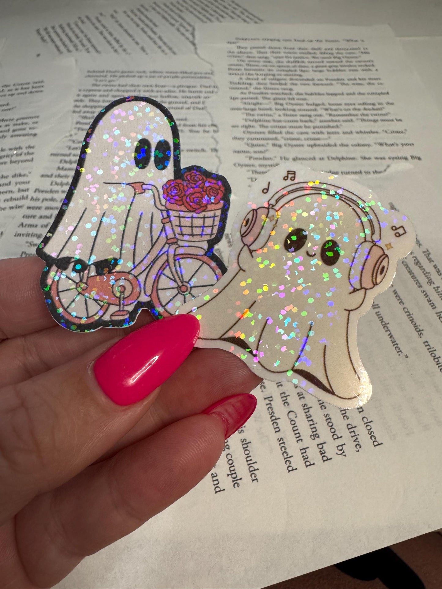 Ghostie Sticker Duo Pack | Cute Ghost on Bike with Roses & Ghostie with Headphones | Aesthetic Spooky Stickers