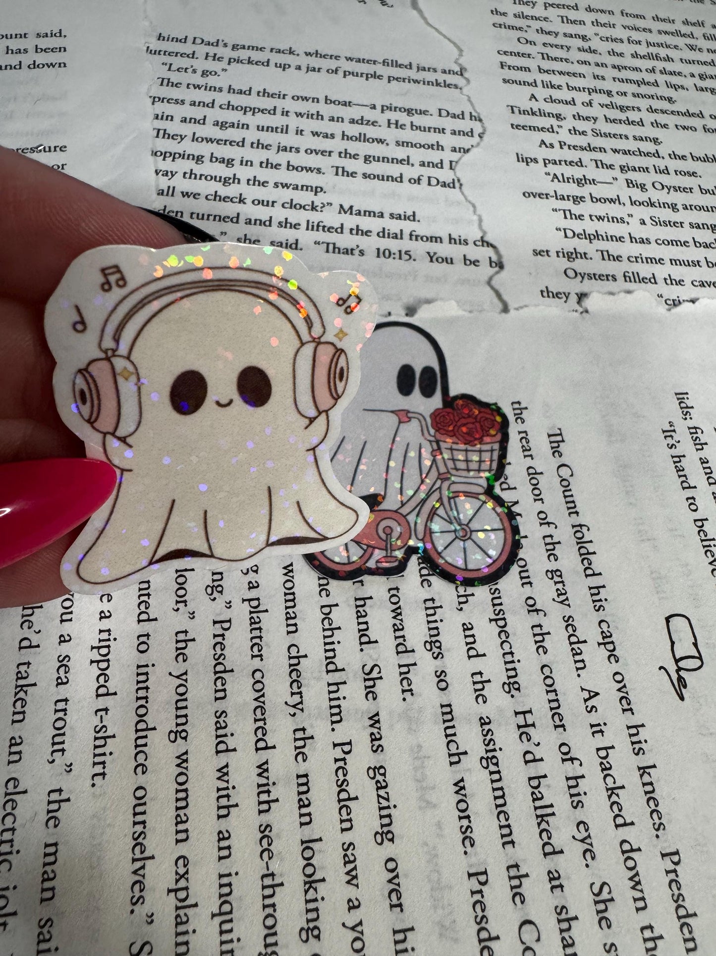 Ghostie Sticker Duo Pack | Cute Ghost on Bike with Roses & Ghostie with Headphones | Aesthetic Spooky Stickers