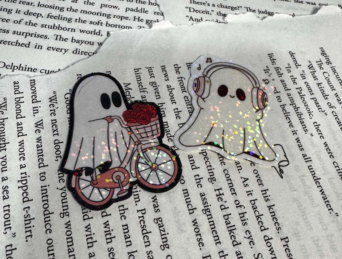 Ghostie Sticker Duo Pack | Cute Ghost on Bike with Roses & Ghostie with Headphones | Aesthetic Spooky Stickers
