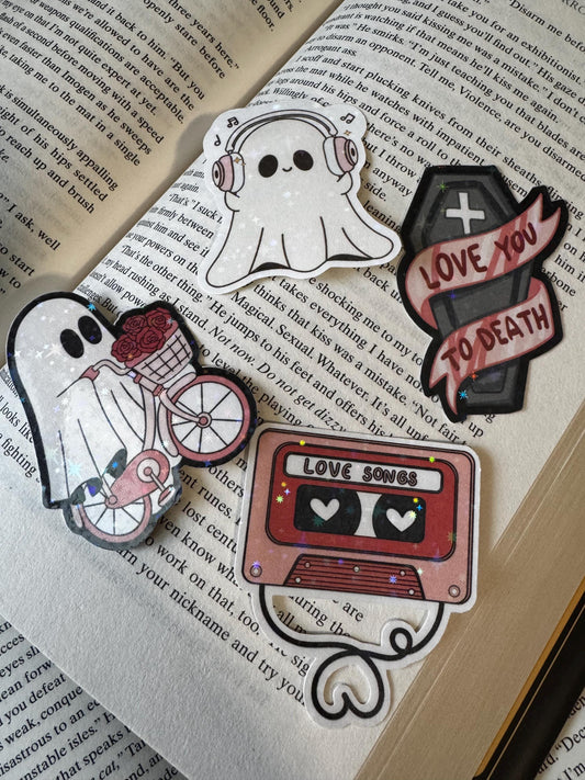 Ghostie Sticker Pack – Spooky Cute Bundle with Cassette Tape, Coffin Love, Music Ghost & Bike Ghost