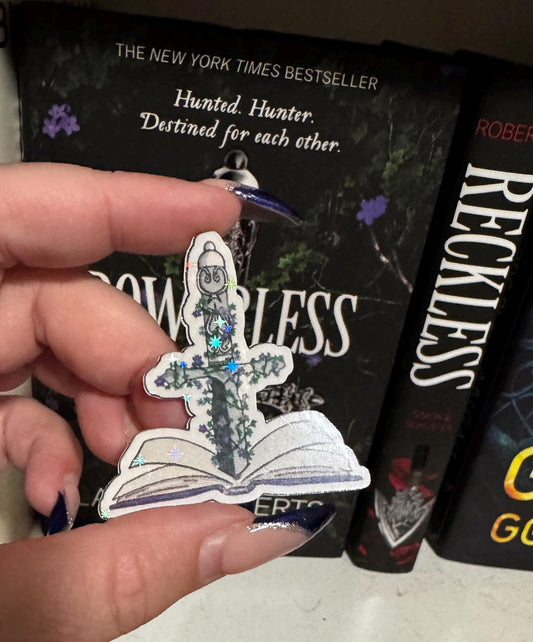 Powerless Book Sticker – Fantasy Bookish Vinyl Decal with Sword and Purple Flowers | Reader Gift, Book Lover Sticker, Reading Nook Decor