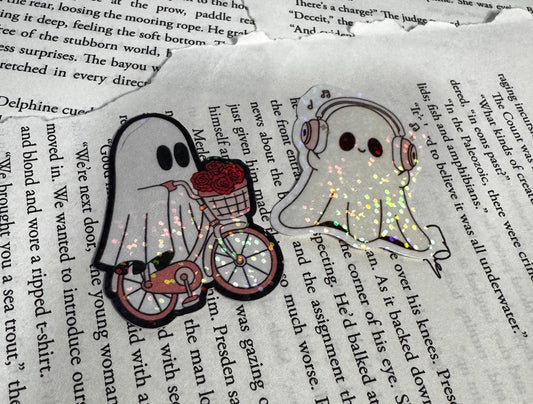 Ghostie Sticker Duo Pack | Cute Ghost on Bike with Roses & Ghostie with Headphones | Aesthetic Spooky Stickers